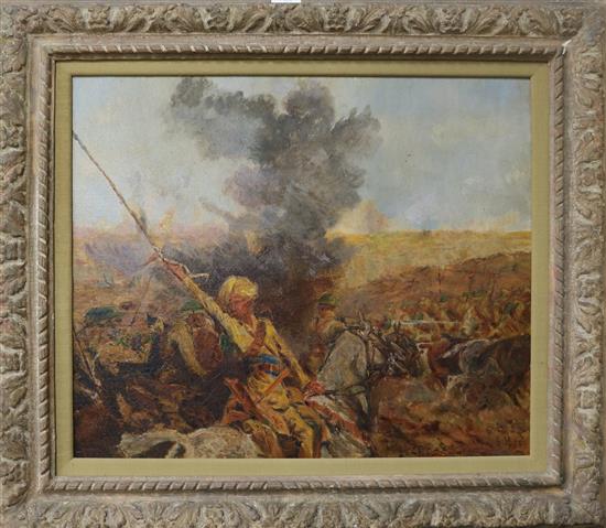 French School oil on canvas Cavalry engagement 20.5 x 26in.